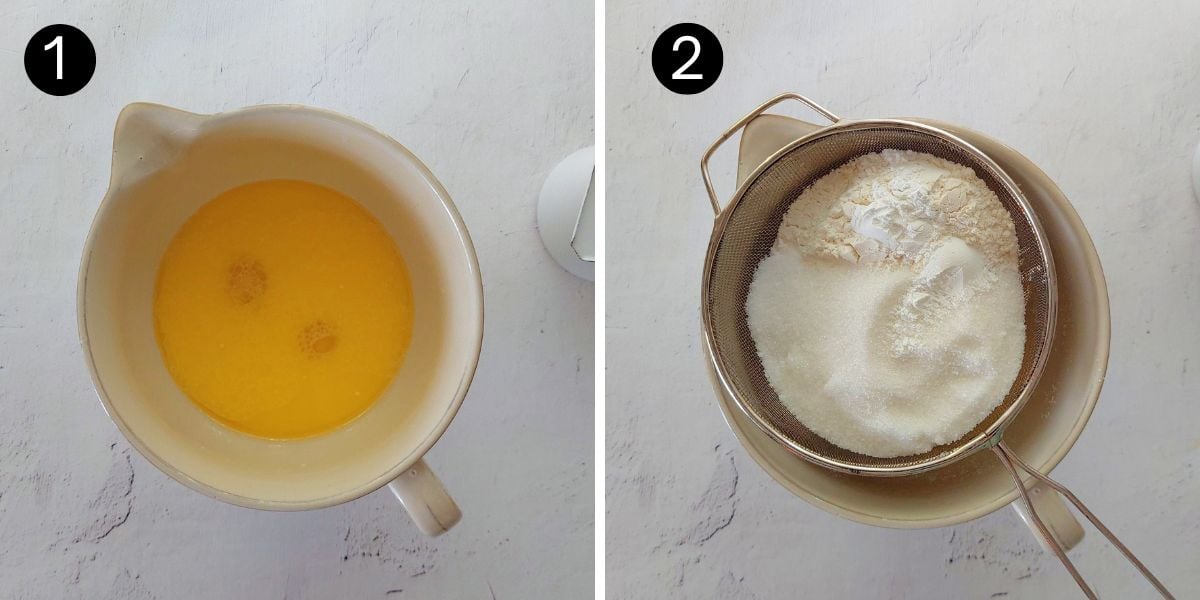butter and flour mixture in separate bowls for butter cake