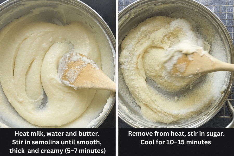 Two images showing semolina mixture being cooked and stirred in a saucepan. Left image shows thick, creamy texture; right image shows sugar being stirred in after cooking.