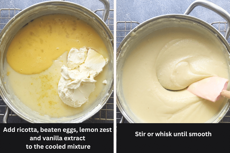 Two images showing lemon ricotta cake batter in a saucepan. Left image shows ricotta, eggs, lemon zest, and vanilla added to the cooled semolina mixture. Right image shows the batter stirred until smooth.