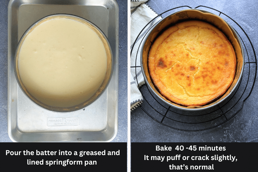 Two images showing lemon ricotta cake before and after baking. Left image shows batter poured into a lined springform pan. Right image shows the baked cake with a golden top and slight cracks.