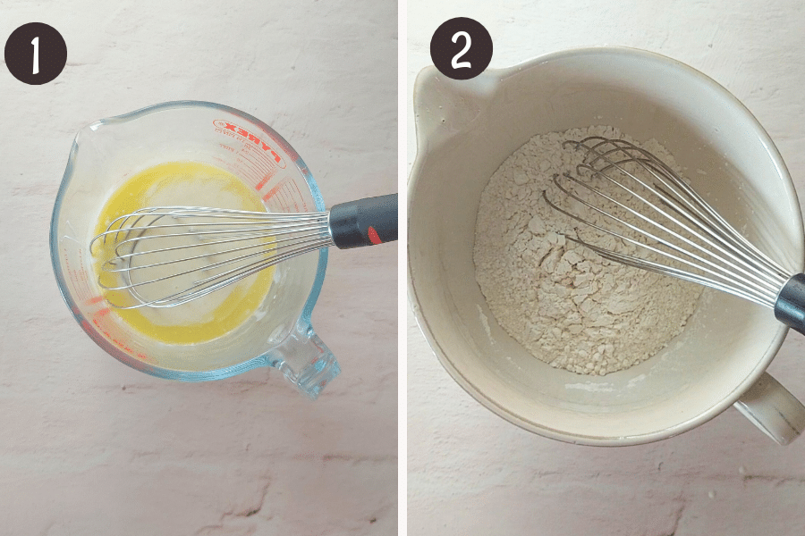 Steps 1 and 2 of no-yeast focaccia: mixing wet ingredients in a jug and dry ingredients in a bowl