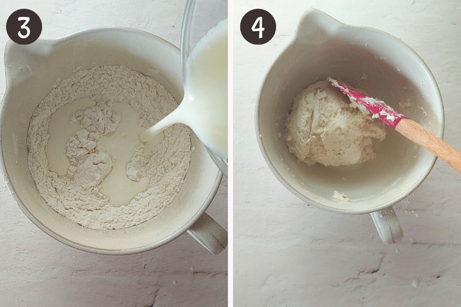 Steps 3 and 4: pouring wet into dry, then stirring until a sticky, batter-like dough forms