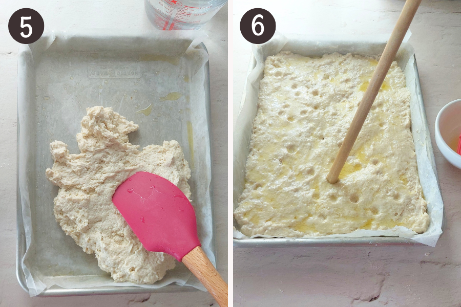 Steps 5 and 6: spreading sticky dough into the pan, then dimpling the surface before baking