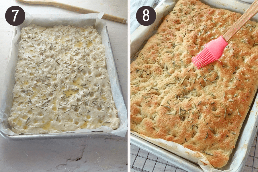 Steps 7 and 8: topping dough with oil and herbs before baking, then brushing the baked focaccia with garlic oil