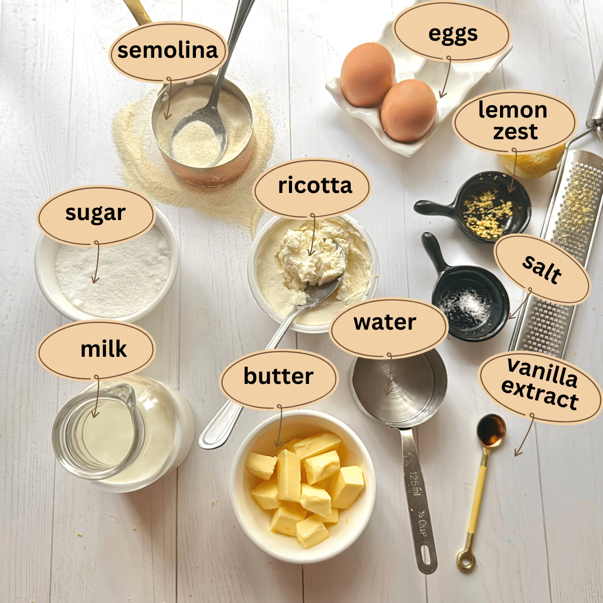 Labeled ingredients for lemon ricotta semolina cake on a white surface, including eggs, semolina, ricotta, sugar, milk, butter, water, lemon zest, salt, and vanilla extract.