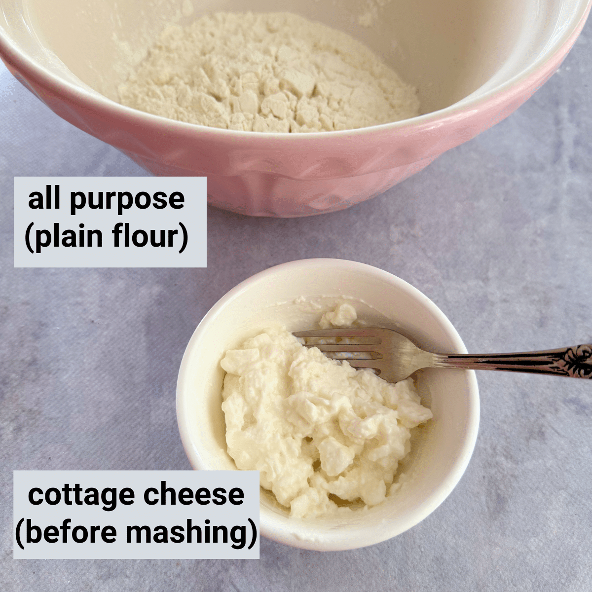 Bowl of all-purpose flour and a container of smooth full-fat cottage cheese with text labels showing the two ingredients.