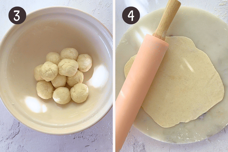 Step 3 shows the dough divided into small balls in a bowl. Step 4 shows a flatbread rolled out into a thin circle on a lightly floured surface with a rolling pin.