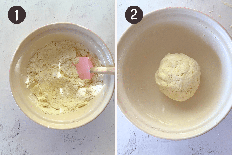 Step 1 shows cottage cheese and flour being mixed in a bowl with a spatula. Step 2 shows a smooth ball of dough after kneading.