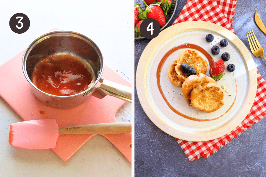strawberry jam warmed in a pan and the finished mini French toast plated with berries.