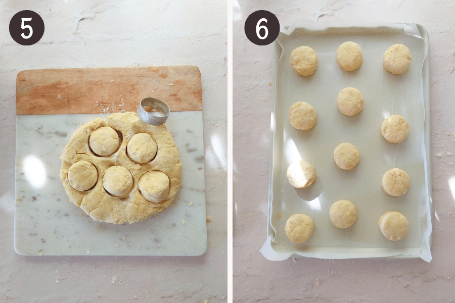 Step 5 and 6: Mini scones cut from dough and brushed with cream before baking.