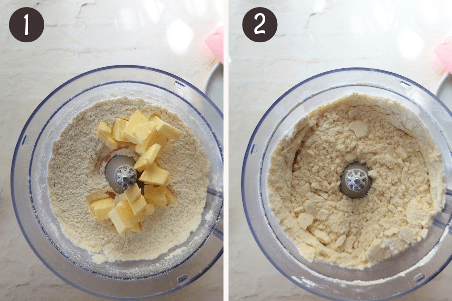 Step 1 and 2: Cold butter added to dry ingredients and pulsed into a coarse crumb using a food processor.