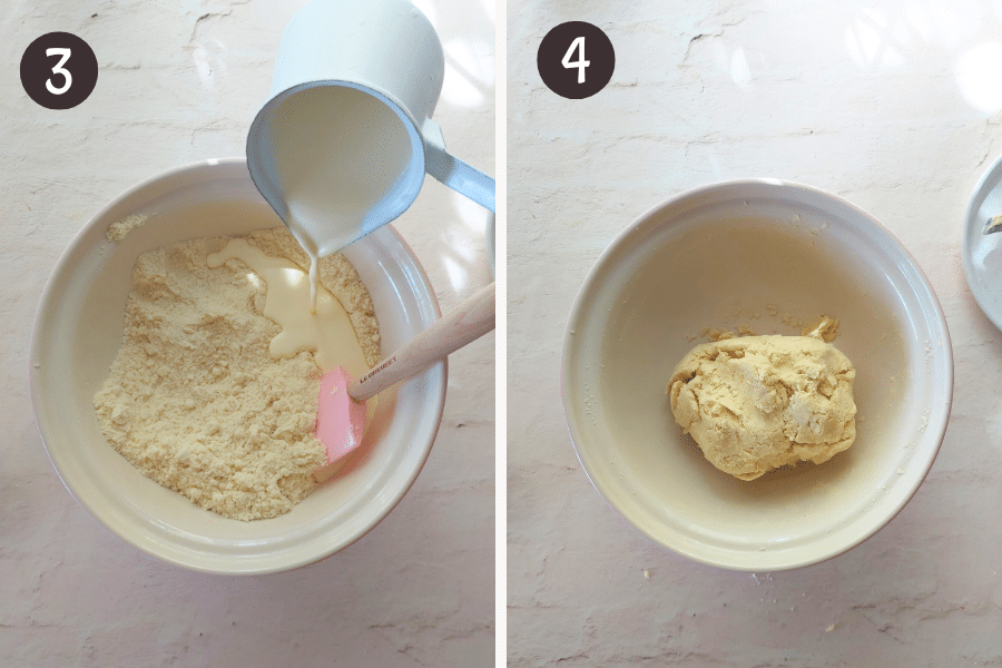 Step 3 and 4: Cream being poured into the mixture and dough formed into a rough ball