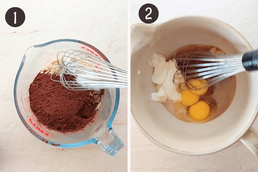 Dry and wet ingredients for almond flour chocolate cake being whisked in separate bowls.