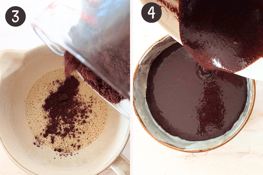 Combining the dry and wet ingredients, then pouring the batter into the prepared pan
