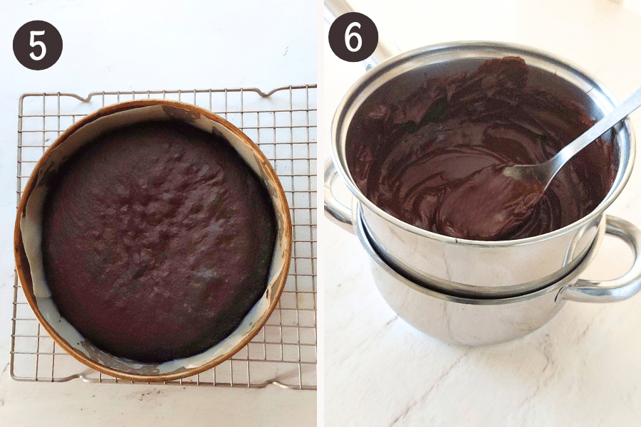 Baked almond flour chocolate cake cooling on a rack, and melted chocolate in a saucepan.