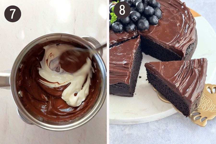 Mixing sour cream into melted chocolate, and a frosted almond flour chocolate cake sliced and served.