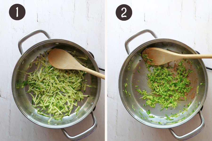 Grated zucchini in a pan before and after cooking to reduce moisture for cookie dough