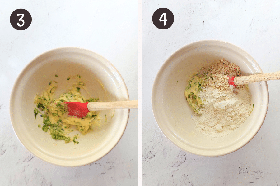 Mixing cooked zucchini into creamed butter and sugar, then adding flour and oats to make cookie dough