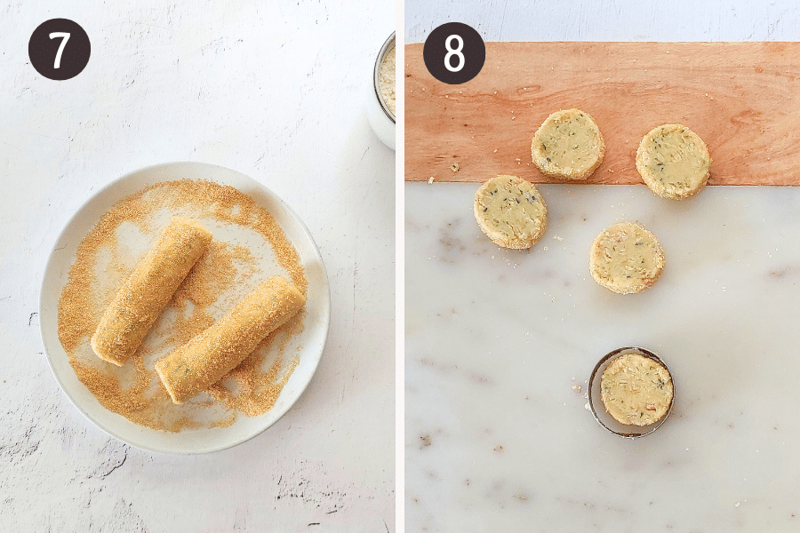 Cookie dough logs rolled in sugar, sliced into rounds, and reshaped using a cookie cutter