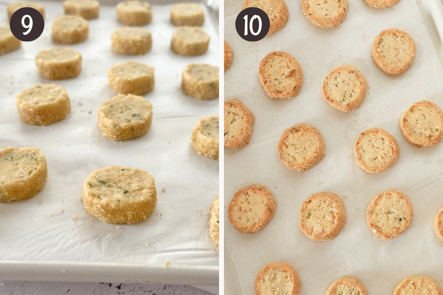 Unbaked zucchini cookies on a tray before baking and golden cookies on the tray after baking