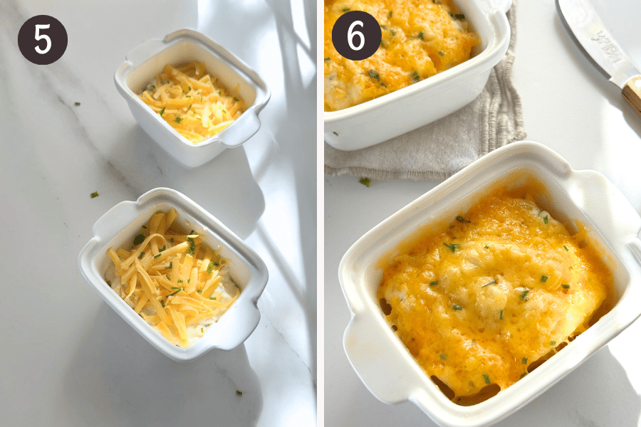 Topping cheese bread batter with extra cheese and spring onions before microwaving, and the final golden, fluffy result.