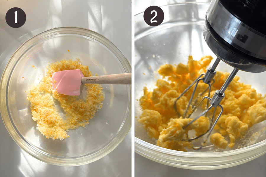 Orange zest rubbed into sugar in a clear bowl with a pink spatula.