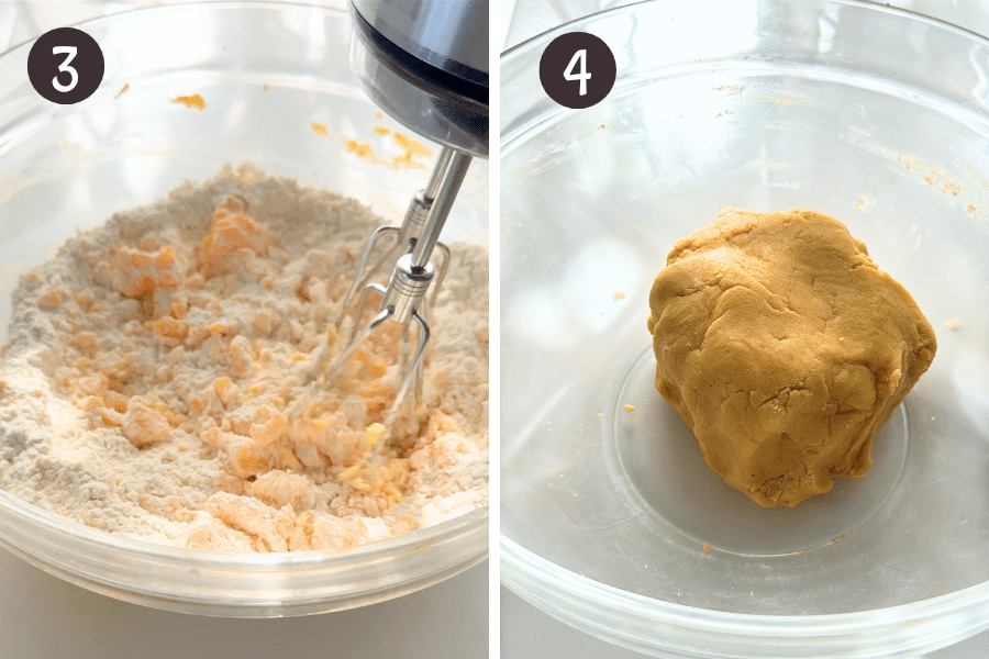 Alt text: Flour being mixed into orange butter mixture with beaters in a glass bowl