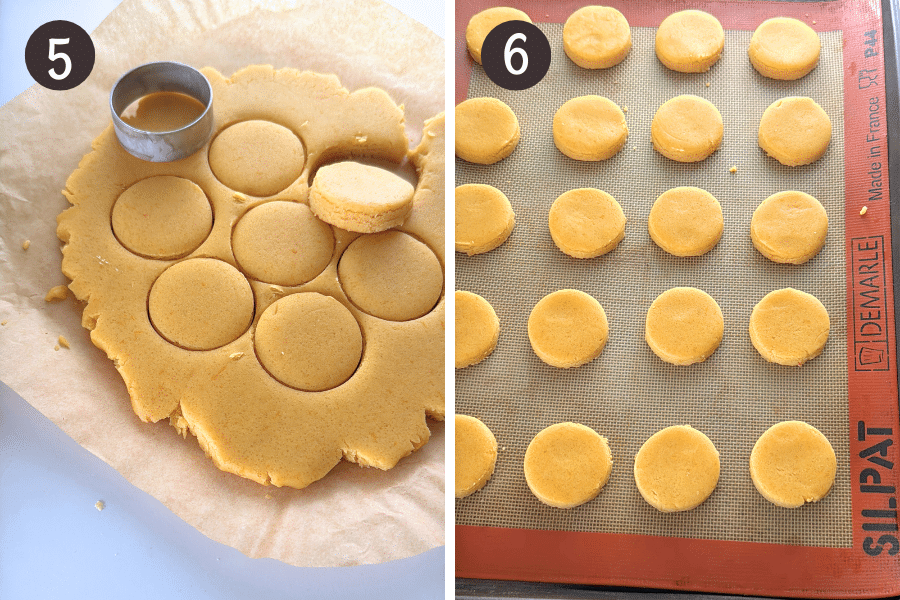 Unbaked orange cookies arranged evenly on a lined baking tray.