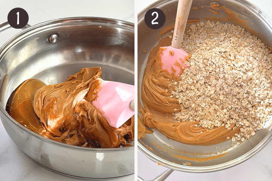 Peanut butter and honey being melted in a saucepan, followed by oats added and stirred in with a pink spatula