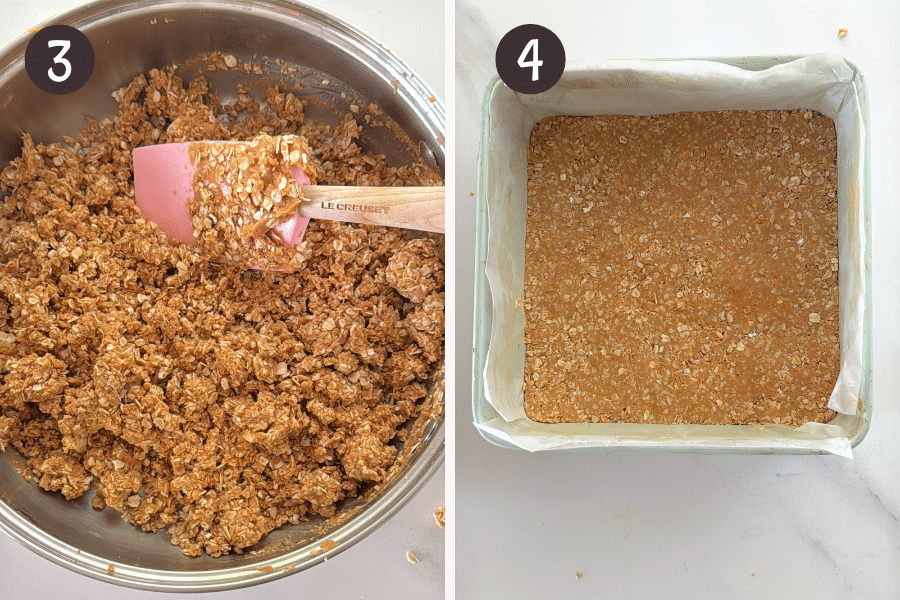 Finished oat mixture in the bowl with a spatula, and the pressed oat base in a parchment-lined square pan