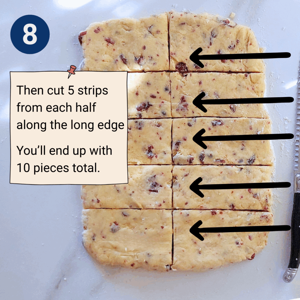 Dough cut into 10 equal strips
