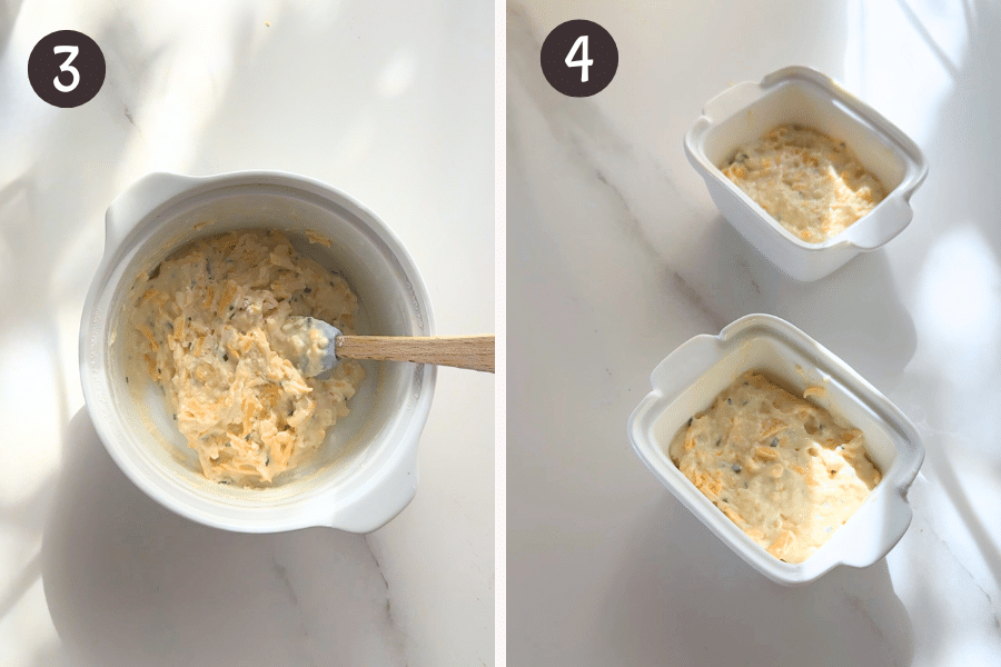 Stirring the thick cheese bread batter, then dividing it between two small greased ramekins