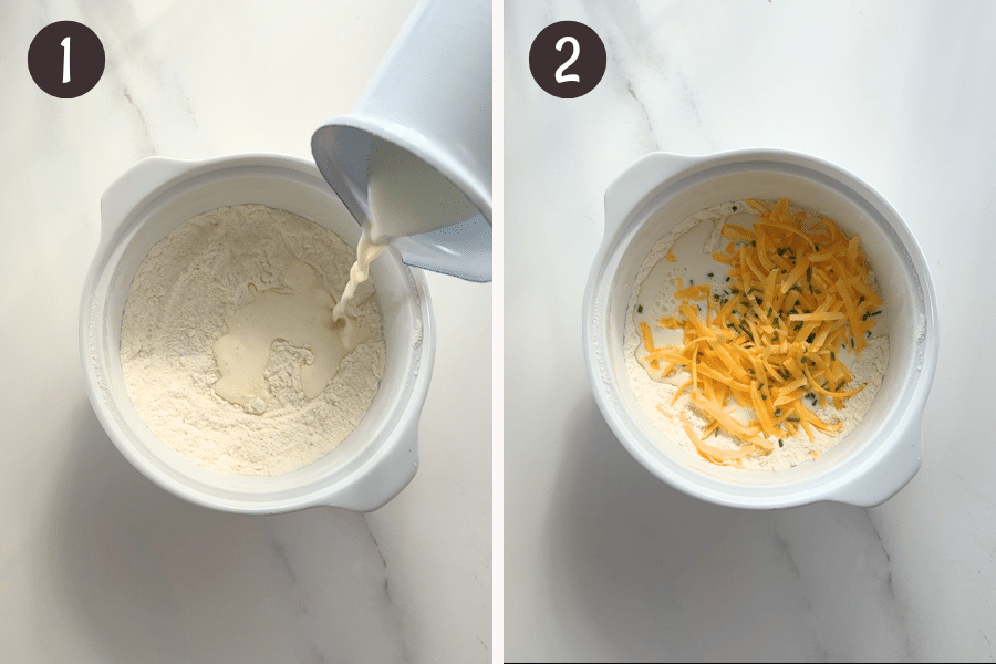 Mixing flour, baking powder, and milk, then adding shredded cheddar and chopped spring onions for cheese bread batter.