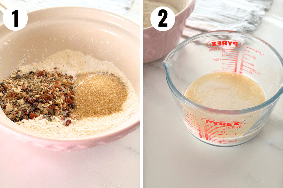 Step 1: Dry ingredients in a mixing bowl including flour, sugar, and crushed trail mix. Step 2: Wet ingredients whisked together in a measuring jug.