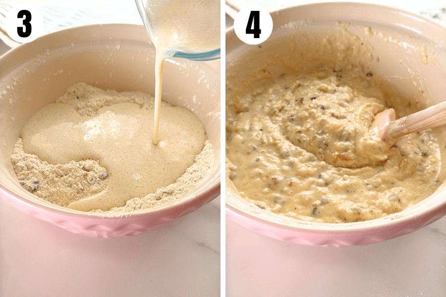 Step 3: Wet mixture being poured into the dry mix. Step 4: Muffin batter stirred together with visible trail mix pieces.