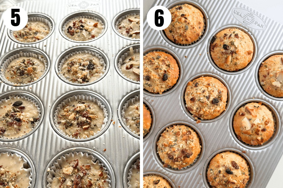 Step 5: Muffin batter divided in a pan with extra trail mix sprinkled on top. Step 6: Baked golden muffins with trail mix topping.