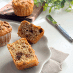 Classic bran flake muffins on a plate halved