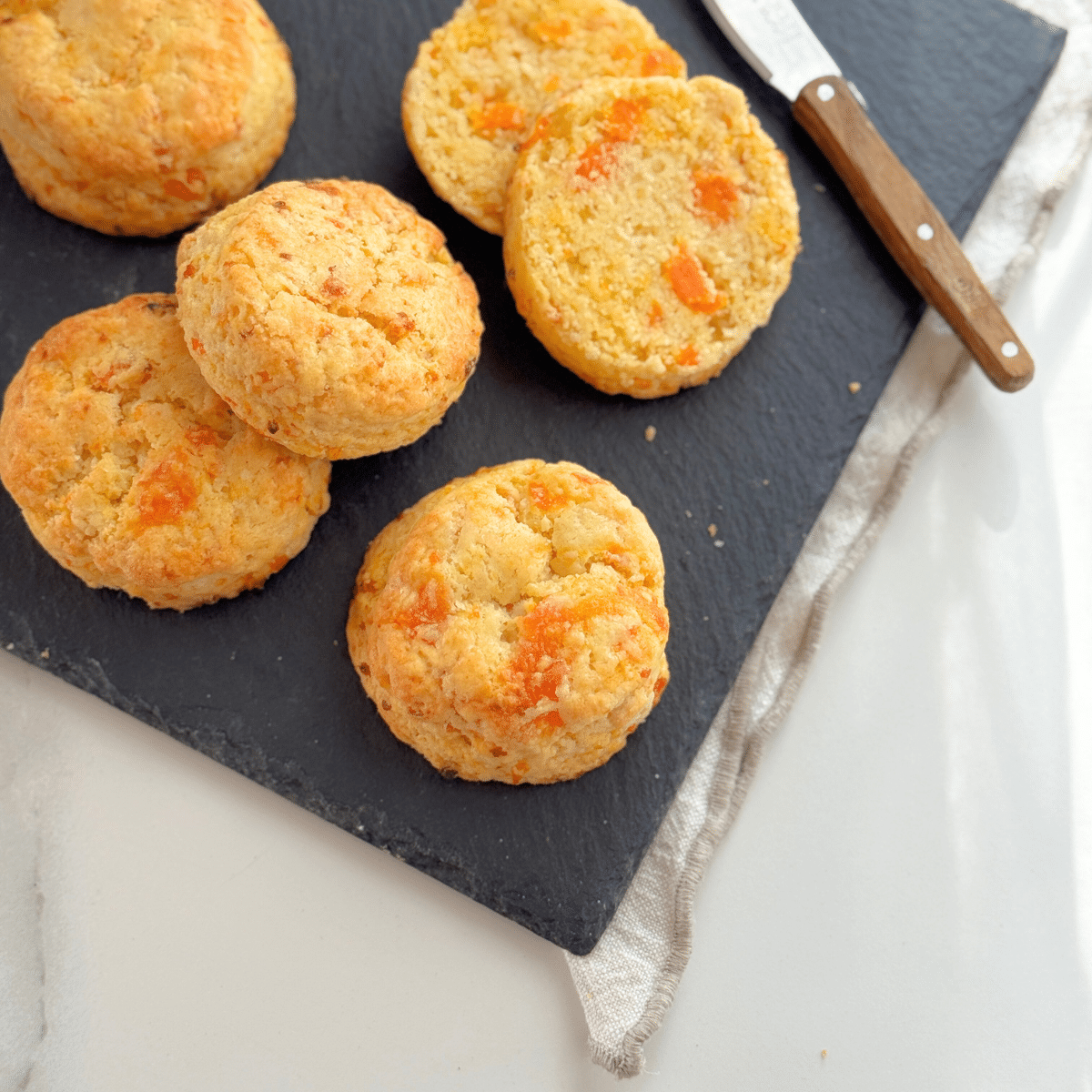 Dried Apricot and marzipan scones on slate tile