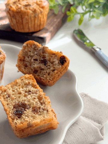 Classic bran flake muffins on a plate halved