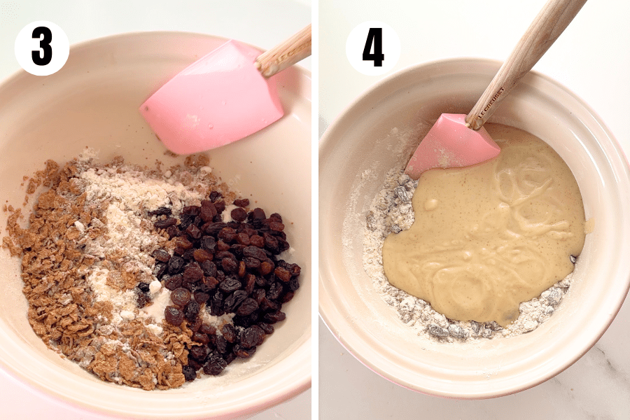 Dry ingredients and raisins combined in a white bowl — flour, bran flakes, baking soda, baking powder, and salt.