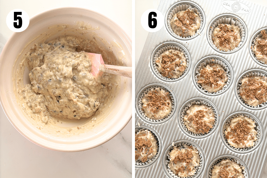 Thick, scoopable muffin batter stirred together with no dry flour showing.