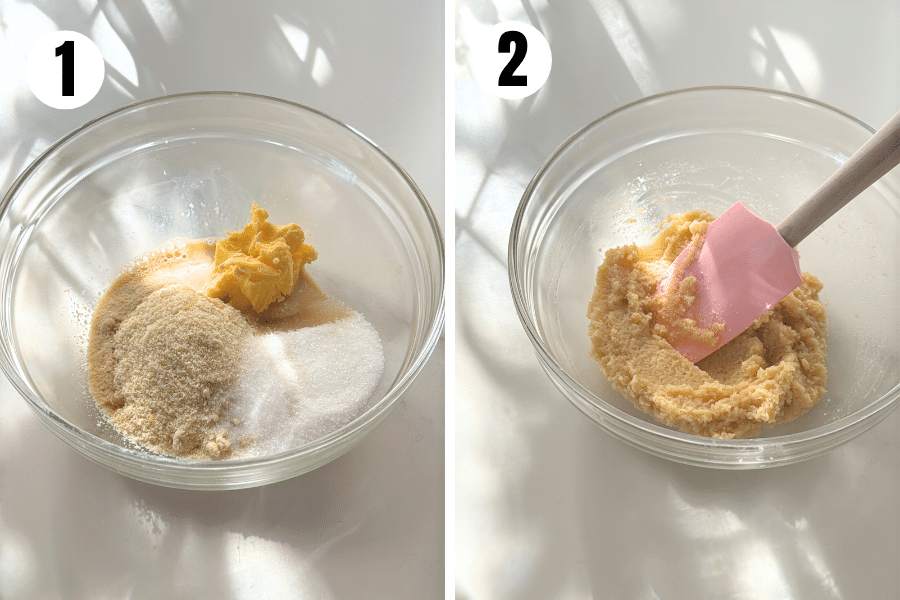 Ingredients for almond filling in a glass bowl and mixture stirred with pink spatula.