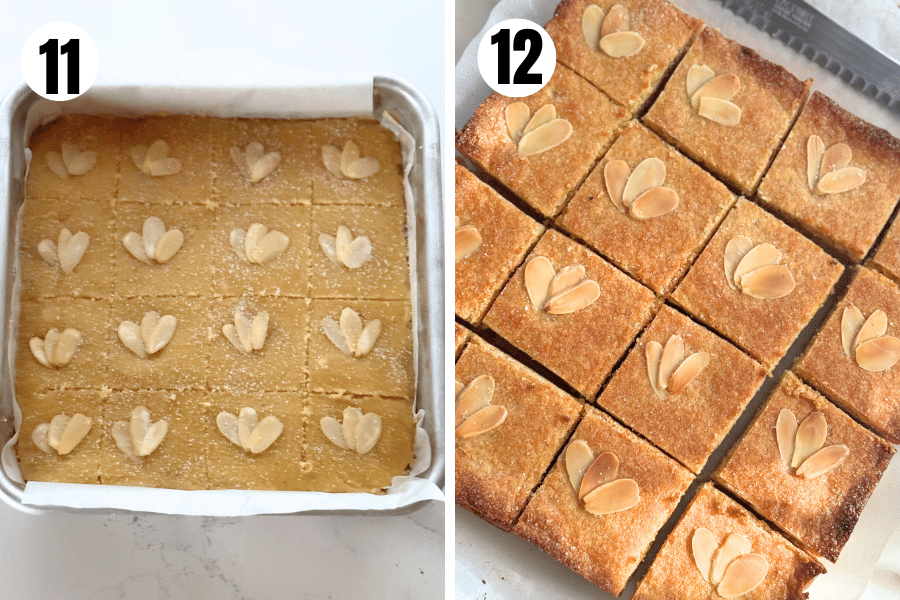 Top of dough marked into squares and decorated with almonds before and after baking.