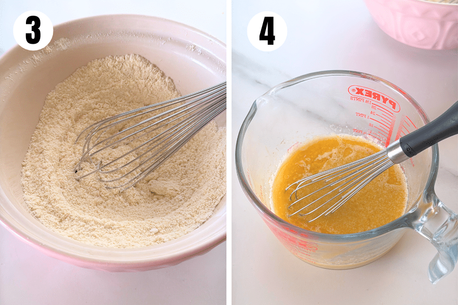 Dry ingredients whisked in pink bowl and wet ingredients whisked in measuring jug.