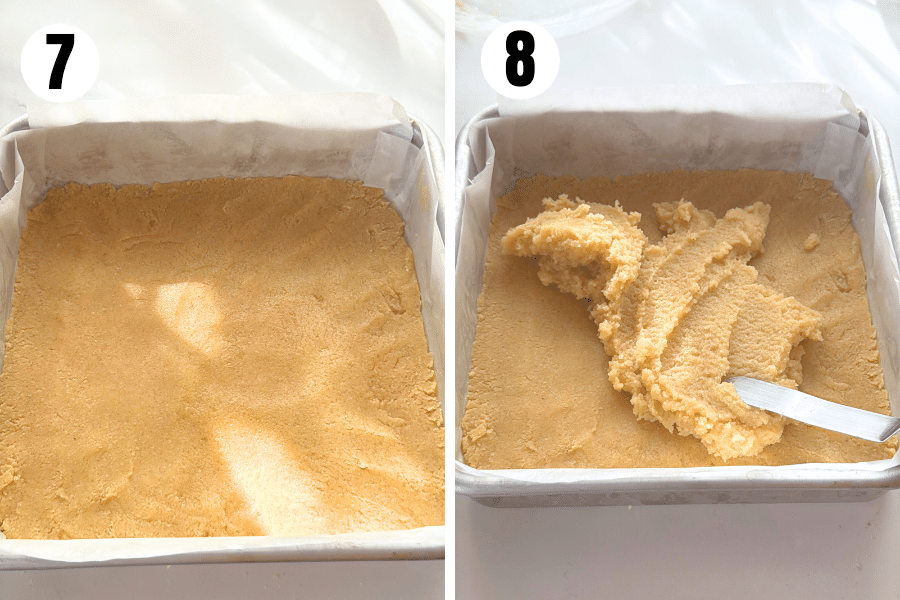 Dough pressed into pan for base and almond filling being spread on top