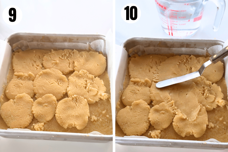 Flattened dough pieces arranged over filling, then being smoothed with spatula.