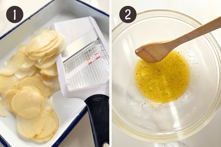  thinly sliced potatoes in a bowl and a separate bowl of melted butter with garlic, ready to be strained.