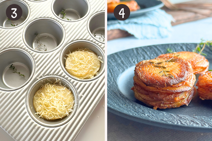 potato slices stacked in muffin tin cups with thyme and cheese, followed by baked golden stacks being flipped out to serve.