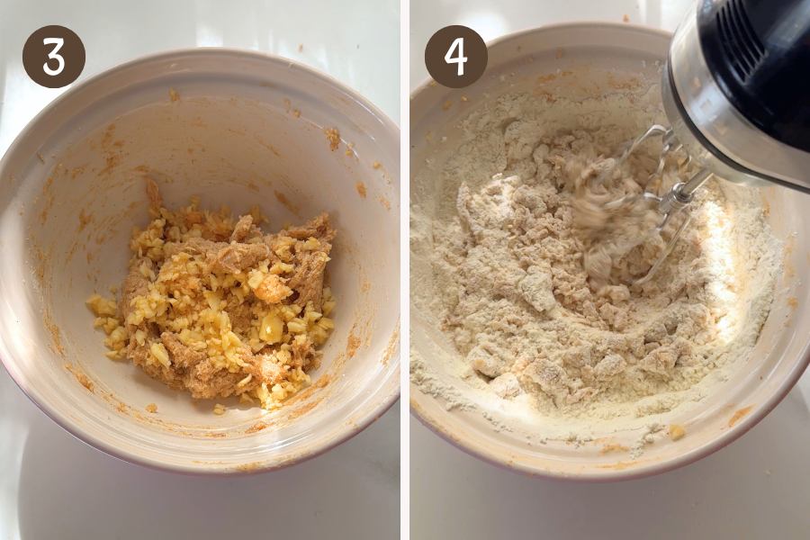 Chopped and grated apple added to the dough, then flour and salt mixed in to form a soft dough.