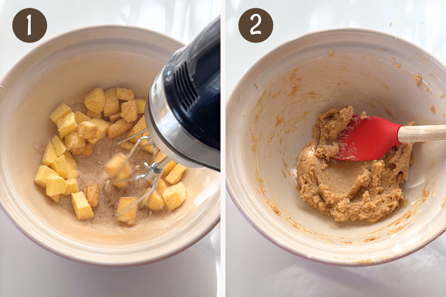 Cold butter, sugar, and cinnamon being mixed in a bowl until the dough is pale and soft.